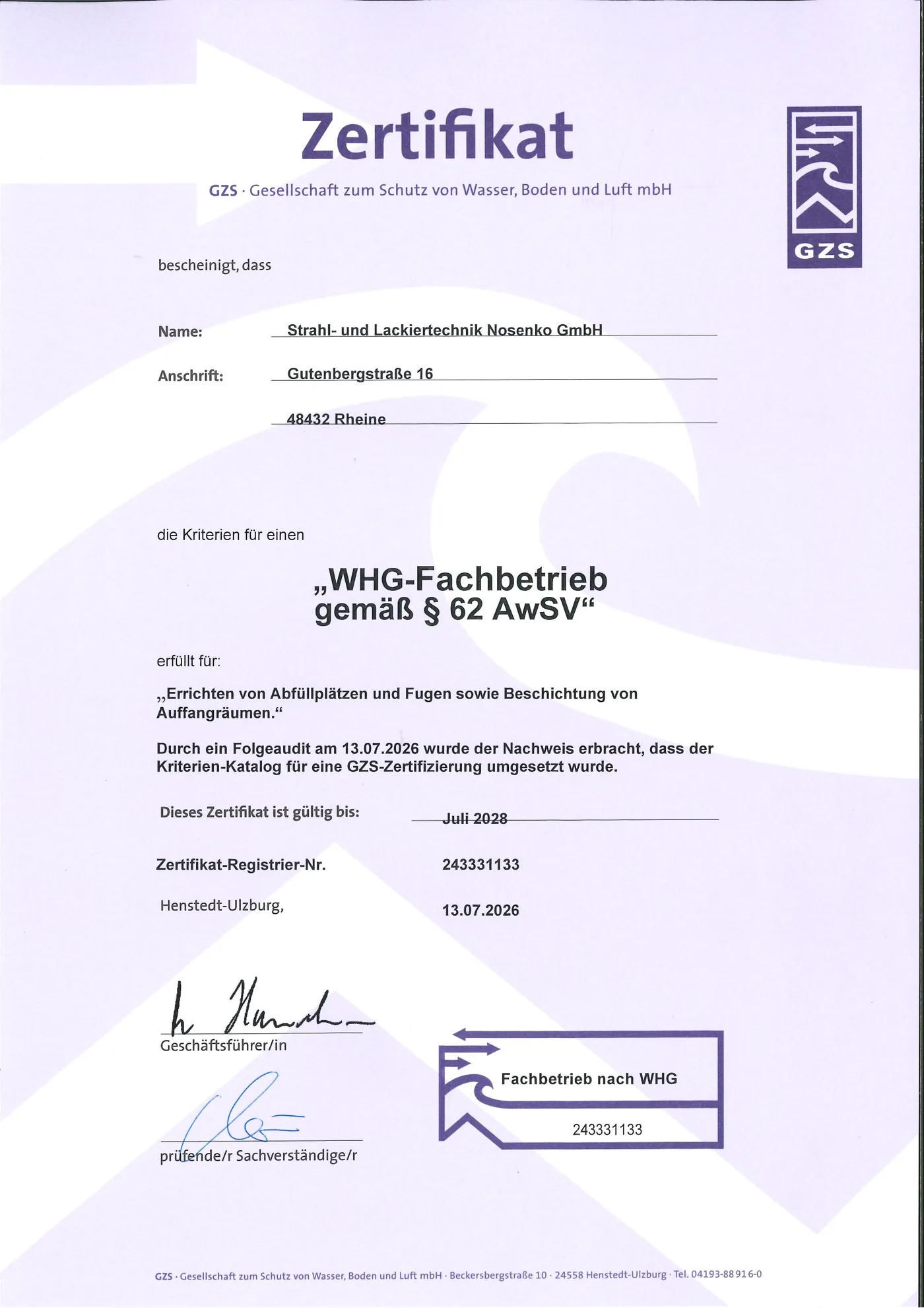 Zertifikat „Fachbetrieb nach WHG“, GZS